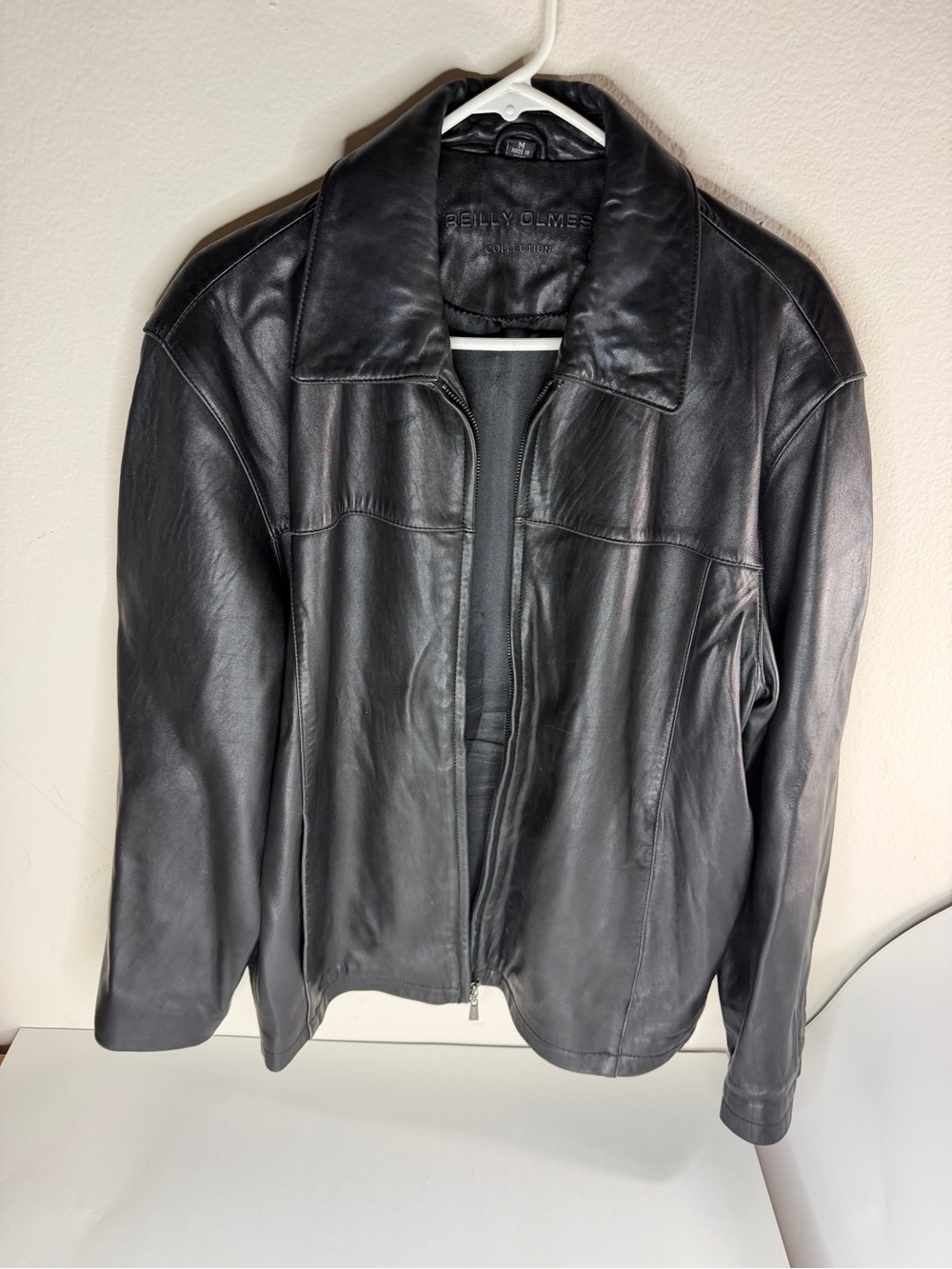 Reilly Olmes Men's Black Leather Bomber Jacket Zip Front Lined Size Medium